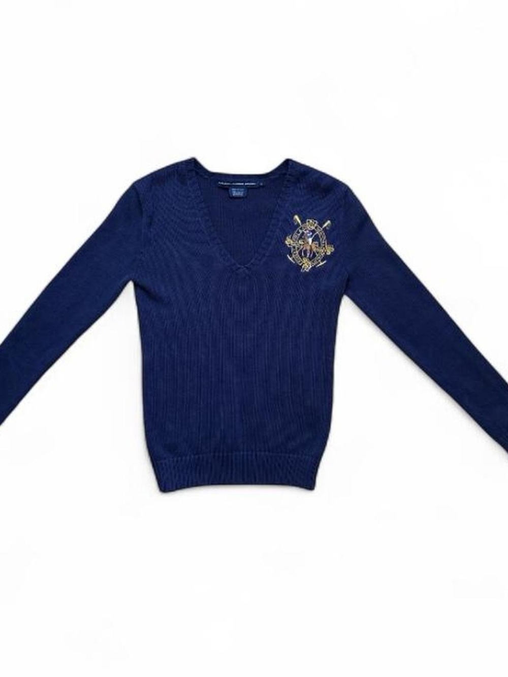 Vintage Preppy Ralph Lauren Navy Ribbed Knit V-neck Embroidered Sweater small
